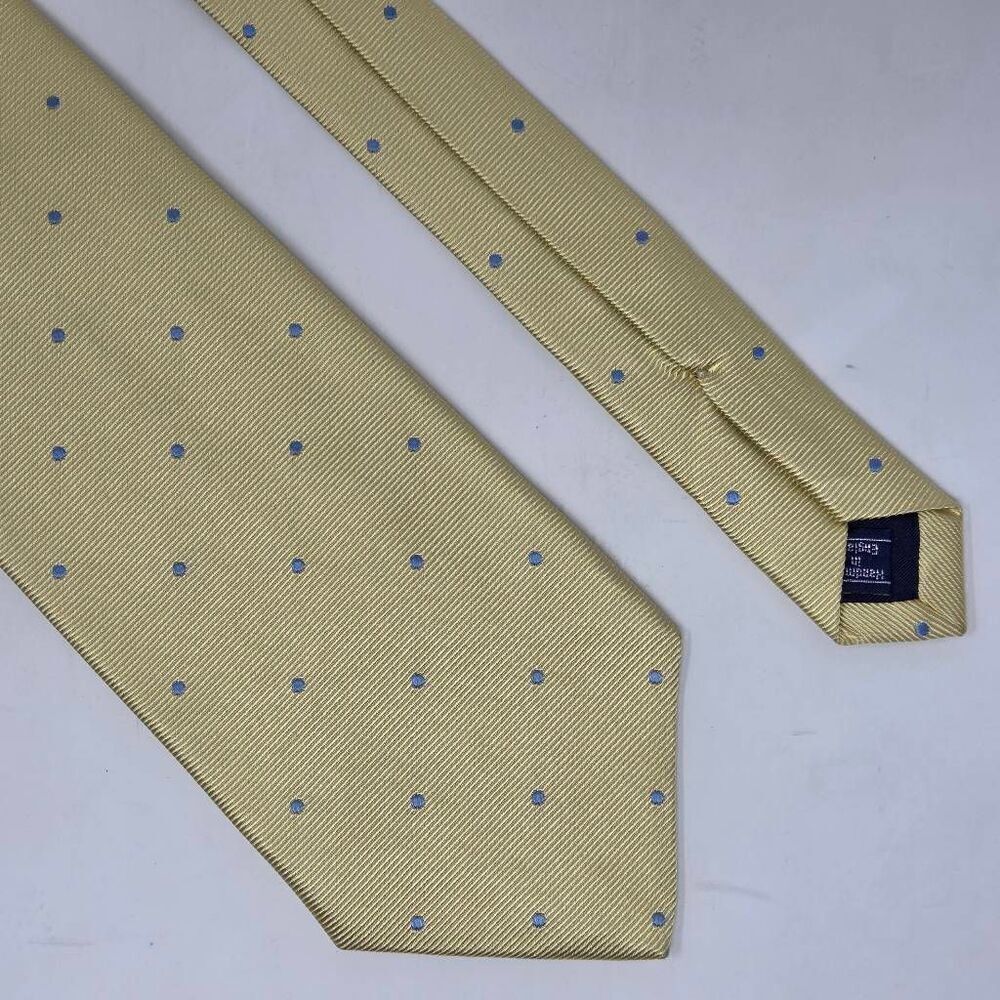 BERGDORF GOODMAN ENGLAND SILK TIE YELLOW BLUE POLKA DOT 3.75" X 60" HAND MADE